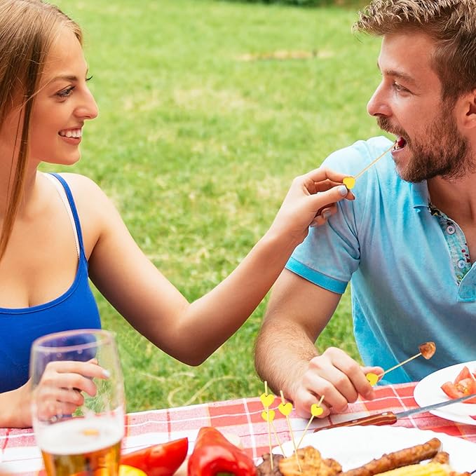 Minisland Yellow Love Heart Cocktail Picks, 4.7 Inch Long Bamboo Fancy Toothpicks for Appetizers, Decorative Mardi Gras Wedding Party Food Drinks Garnish Fruit Kabob Skewer Sticks 100 Counts -MSL441