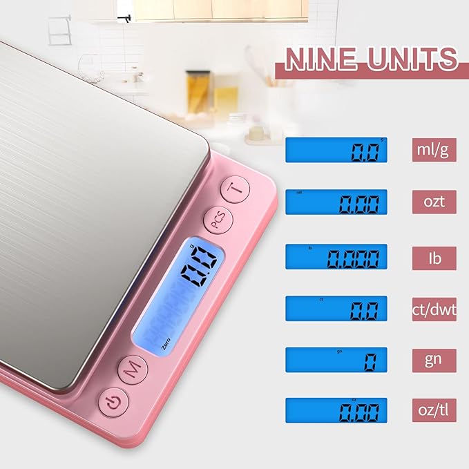 Digital Food Scale for Food Ounces and Grams，YONCON 3000g/0.1gram Accuracy Multifunctional Kitchen Scale for Cooking, Baking | Small Size for Easy Storage | Tare Function, Pink