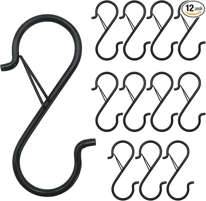 12PCS S Hooks for Hanging,3.5 Inch Heavy Duty Closet Hooks with Safety Buckle,Closet Hooks Hanging for Plants,Clothes,Kitchen Utensil,String Lights,Handbags,Belt, Hat, Cup, Tie (Black)