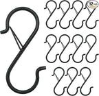12PCS S Hooks for Hanging,3.5 Inch Heavy Duty Closet Hooks with Safety Buckle,Closet Hooks Hanging for Plants,Clothes,Kitchen Utensil,String Lights,Handbags,Belt, Hat, Cup, Tie (Black)