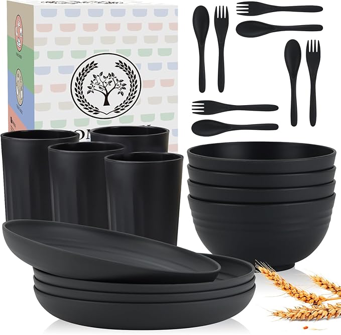 Homienly Wheat Straw Dinnerware Sets, 20pcs Unbreakable Microwave Dishwasher Safe Tableware Lightweight Bowls, Cups, Plates Set Reusable Dinner Plates Bowls set (Matte Black)