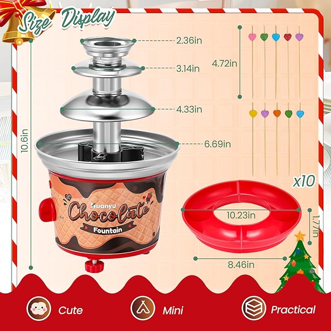Huanyu 3-Tier Mini Chocolate Fountain Machine 10 Bamboo Skewers Removable Serving Tray 16-Ounce Chocolate Fondue Fountain for Party Birthday Wedding Chocolate Nacho Cheese BBQ Sauce Liqueurs (Red)