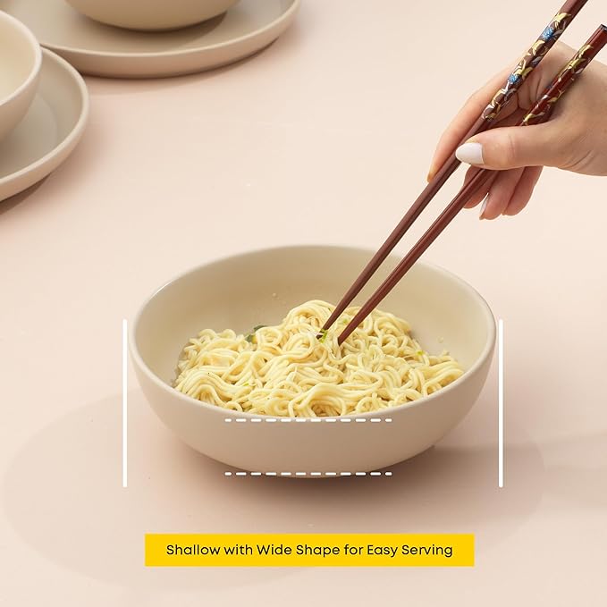 JoyJolt Mesa 30oz Stoneware Pasta Bowls Set of 4, Salad and Serving Bowls for Kitchen, Oatmeal Soup Dinner, Matte Beige, Dishwasher and Microwave Safe, Wide and Shallow Plate