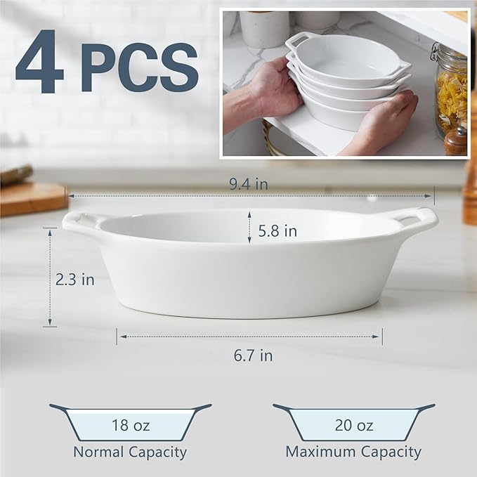 ONEMORE Oval Au Gratin Baking Dish, 20 oz Small Casserole Dishes with Handles 6x8" Ceramic Baking Pan for 1-2 People, Oven Safe for Lasagna, Pies, Individual Servings & Side Dishes, Set of 4, White