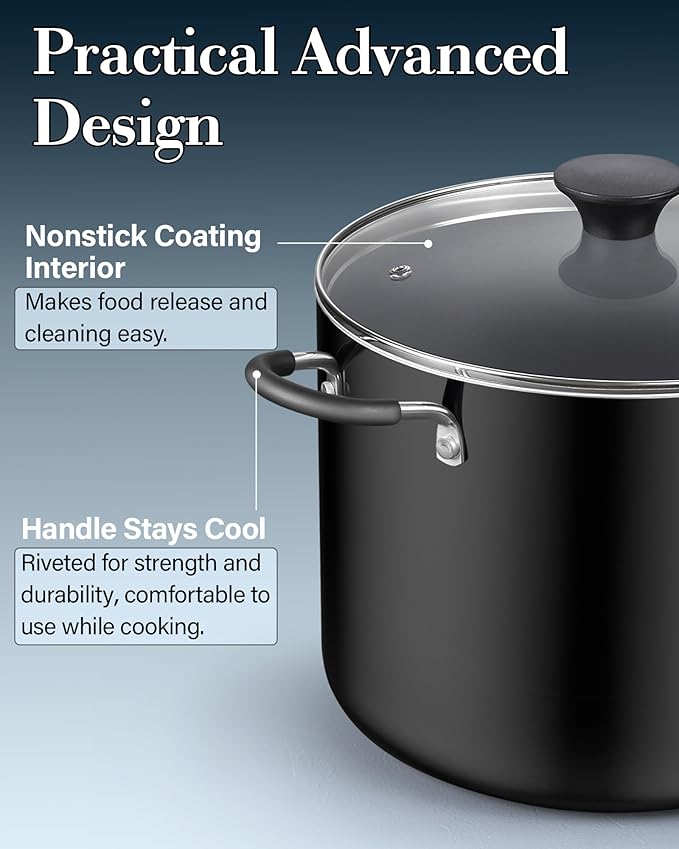 Cook N Home Nonstick Stockpot with Lid 10.5-Qt, Deep Cooking Pot Cookware Canning Stock Pot with Glass Lid, Black
