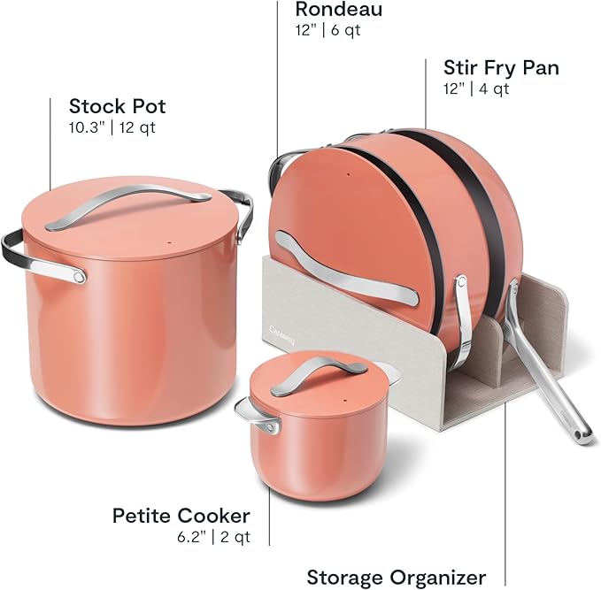 Caraway Cookware+ Collection - Specialty Cookware Set - Petite Cooker, Stir Fry Pan, Rondeau, & Stock Pot - 3 Lids & Storage Organizer Included - Perracotta