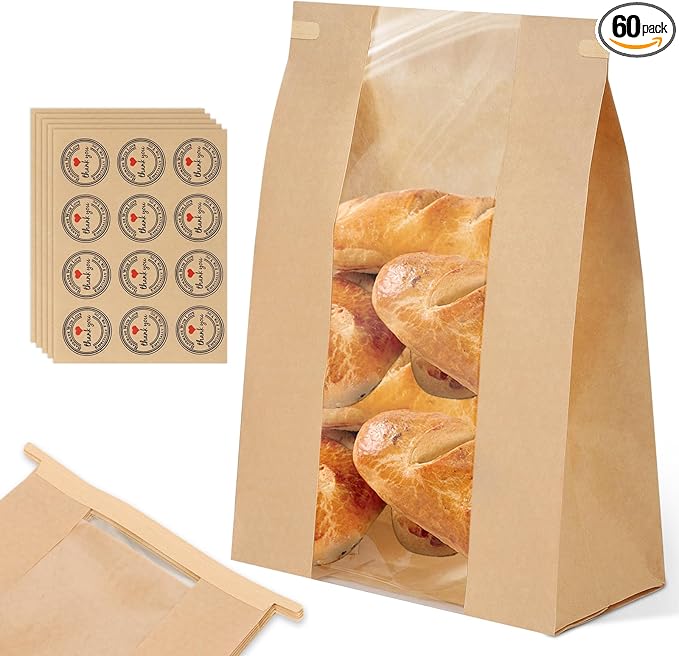60-Pack Bread Bags for Homemade Bread Sourdough Bread Bags with Tin Tie Tab Lock, Kraft Paper Bakery Bag with Window and Label Seal Stickers for Packaging Baked Food Bread Storage (13.7''x8.2''x3.5'')