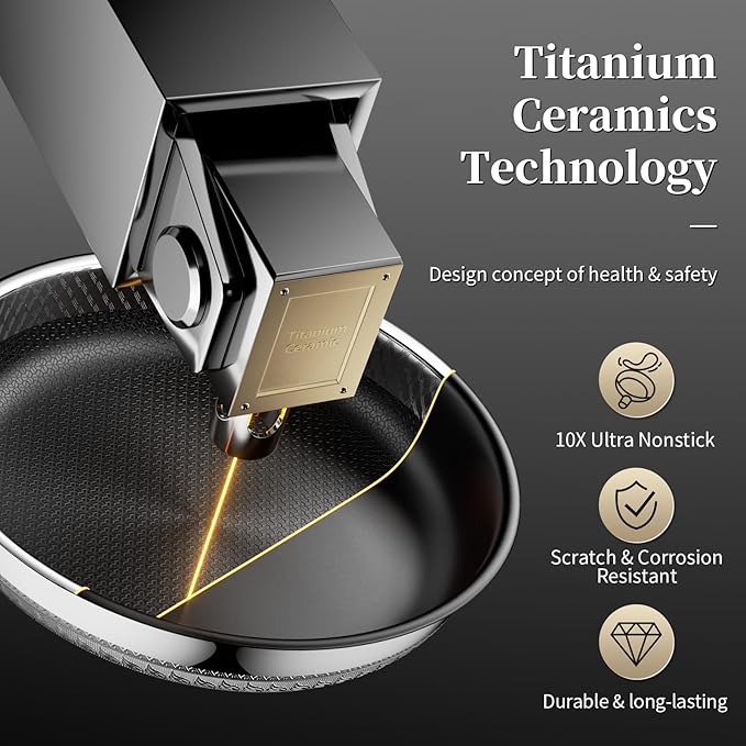 Innerwell Nonstick Titanium Ceramics Stainless Steel Frying Pan Set, 6 Pieces Nonstick Honeycomb Stainless Steel Frying Pan Set, Non Stick Egg Omelet Cooking Pan Set, Induction Compatible, PFAS Free