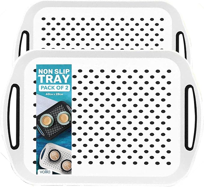 Food Trays for Eating on Couch - 2 Pack - Non Slip Dinner Trays for Eating Set of 2 Non Slip Serving Tray and Food Tray with Handles (White)