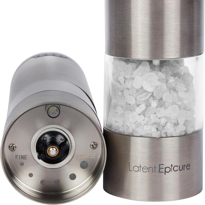USB-C Electric Salt and Pepper Grinder Set (pack of 2) - Stainless Steel Salt & Pepper Mills with LED Light - Complimentary Mill Rest- One Handed Operation Adjustable Ceramic Grinders