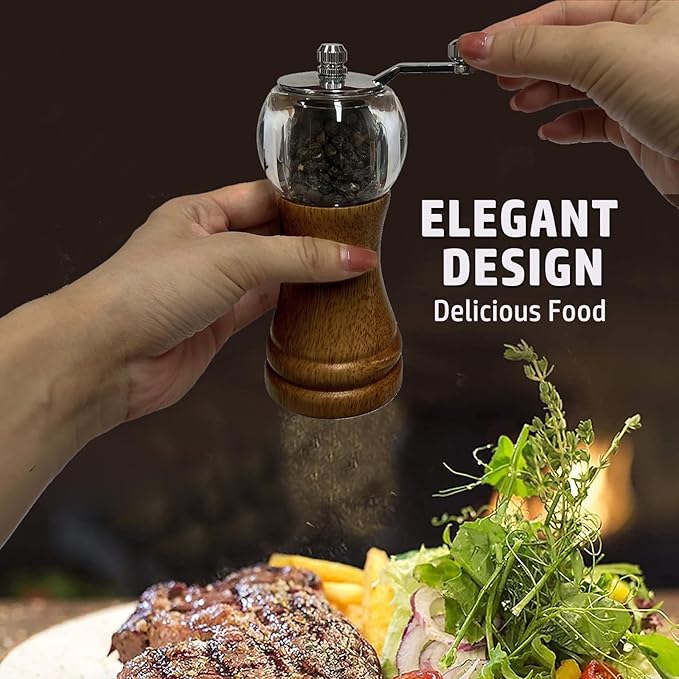 Pepper Mill Set，Manual Pepper Mills, Classical Hand Shake Wooden Pepper Grinder Set，Salt Mills，Wooden Pepper Mill，Ceramic Blades Metal Handle，Enjoy Fresh Ground Pepper (Walnut color 2pcs-6in)