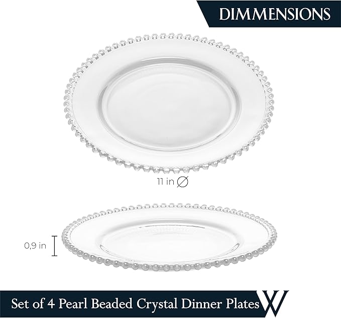 WOLFF - Set of 4 Pearl Beaded Crystal Dinner Plates - Clear Glass Plates, Dinner Accessories, Crystal Kitchen Utensils Set - Luxury Glasswear, Dish Set - Clear, 11 inches