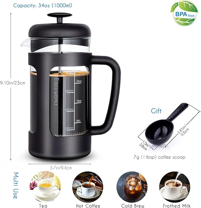 Easyworkz French Press 34 oz Coffee Tea Maker with Borosilicate Glass,Soft Grip Handle