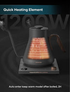 Gooseneck Electric Kettle with Precise ±1℉ Temperature Control, Wood-Accented Handle, Stainless Steel Interior, Quick Heating Pour Over Kettle for Coffee & Tea, 0.9L, Matte Grey