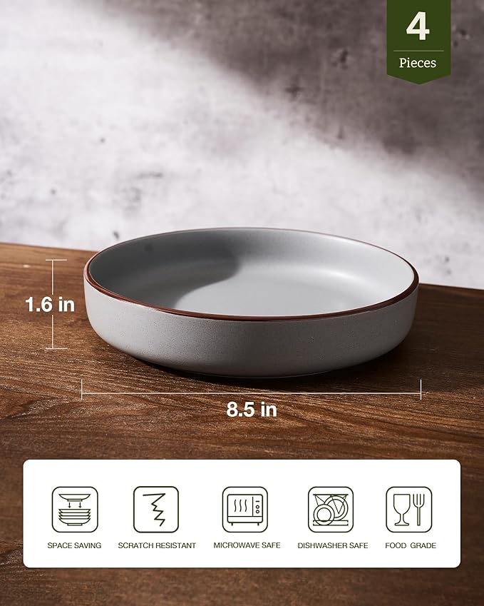 famiware Mercury Pasta Bowls Set of 4, 33 oz Large Salad Bowls, Ceramic Pasta Plates Bowls, Serving Bowls for Kitchen, Microwave & Dishwasher Safe, Dark Gray