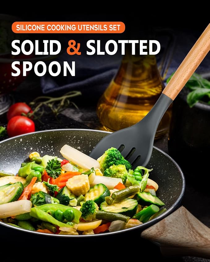 Large Silicone Cooking Spoons, 2 Pack Nonstick Solid and Slotted Wooden handle Spoon Set, Heat Resistan Silicone Kitchen Spoons for Cooking, Serving, Basting, Mixing (Grey)