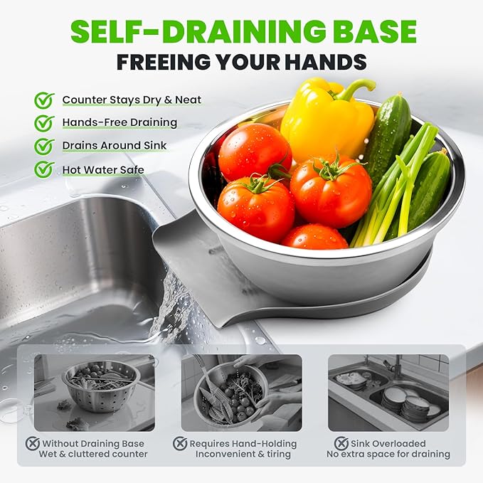 304 Stainless Steel Colander with Food-Grade Silicone Self-Draining Base, Coinicxcel 5QT Colander Strainer for Kitchen, Pasta Strainer for Washing Rice, Spaghetti, Vegetables, Fruit, Dishwasher Safe