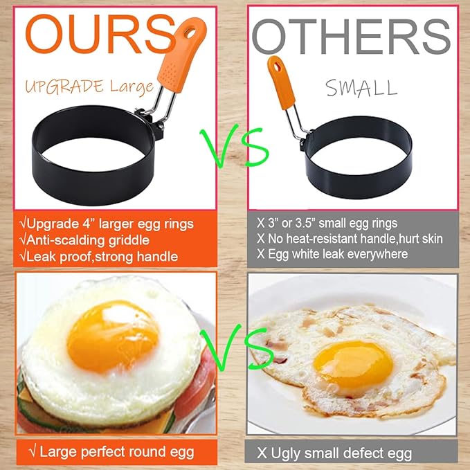 Upgrade 4" Large Egg Rings Set for Griddle,4 Packs Non-stick Stainless Steel Round Egg Ring for Frying Egg Pancake Mold Ring Omelette Ring Shapper for Muffin with 1X Oil Brush & 1X Egg Separator