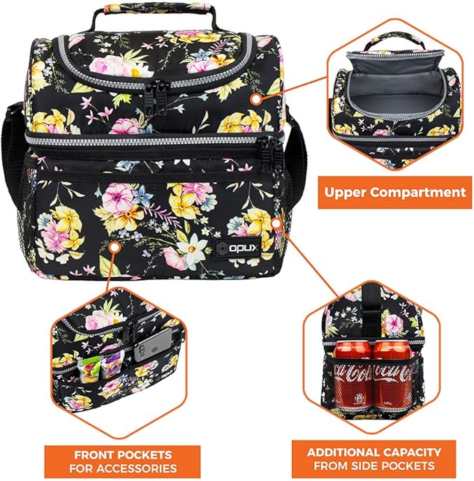 OPUX Lunch Box For Women, Insulated Large Lunch Bag Adult Work, Double Decker Lunchbox Meal Prep, Dual Compartment Leakproof Lunch Cooler, Soft Lunch Pail Tote for Girls Kids School, Floral Black 12L