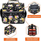 OPUX Lunch Box For Women, Insulated Large Lunch Bag Adult Work, Double Decker Lunchbox Meal Prep, Dual Compartment Leakproof Lunch Cooler, Soft Lunch Pail Tote for Girls Kids School, Floral Black 12L