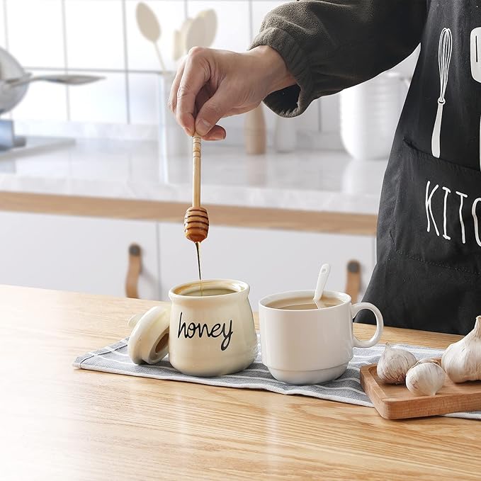 ONTUBE Honey Jar with Dipper and Lid, Ceramic Honey Pot 12oz, Beige