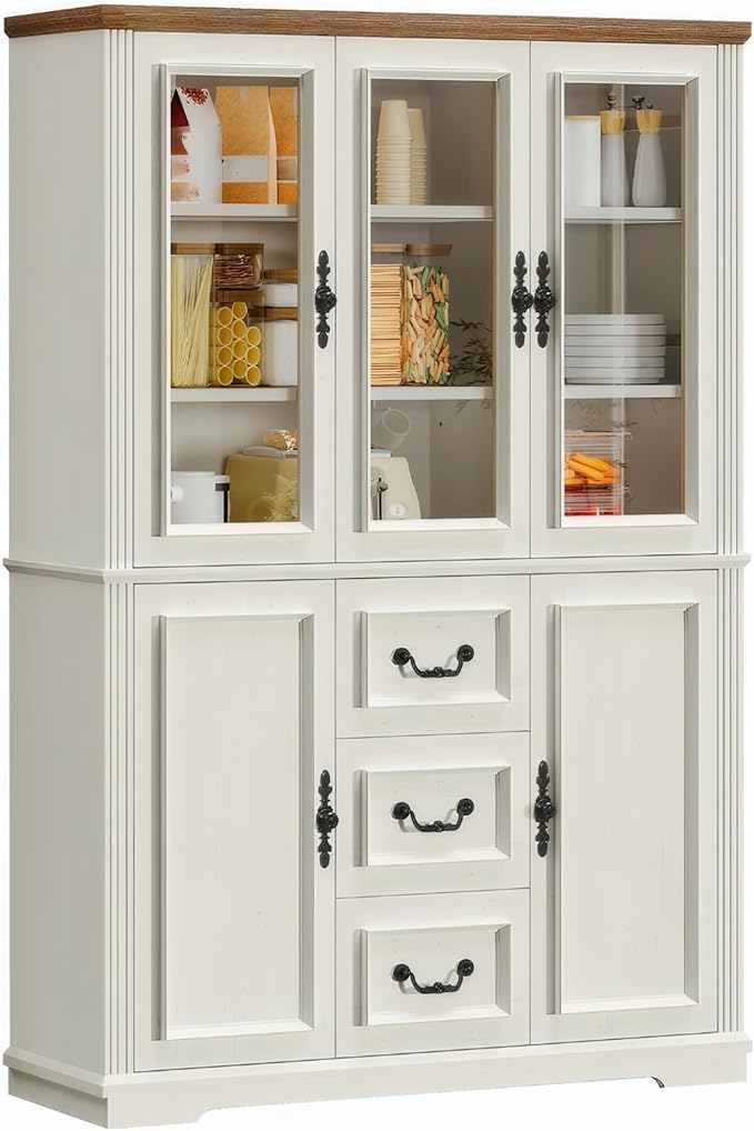 YITAHOME 71" H x 47" W Kitchen Pantry with 3 Drawers, Large Storage Cabinet with 3 Glass Doors & Adjustable Shelves, Freestanding Tall Display China Cabinet for Living & Dining Room, White