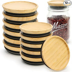12 Pcs Bamboo Regular Mouth Jar Lids & Wide Mouth Lids for Mason Jars Tops Wooden Large Mouth Lid for Glass Cups Reusable Silicone Can Lid Cover Decorative Wood Canning Lid Supplies Accessories