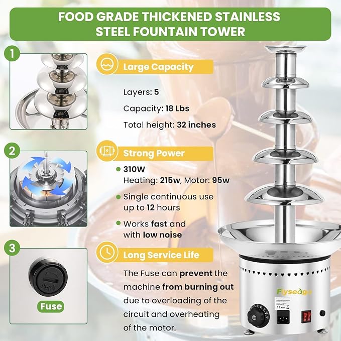 Commercial Chocolate Fountain 5 Layers 18Lbs Large Chocolate Fondue Tower Stainless Steel Hot Chocolate Waterfall for Nacho Cheese Knob Control