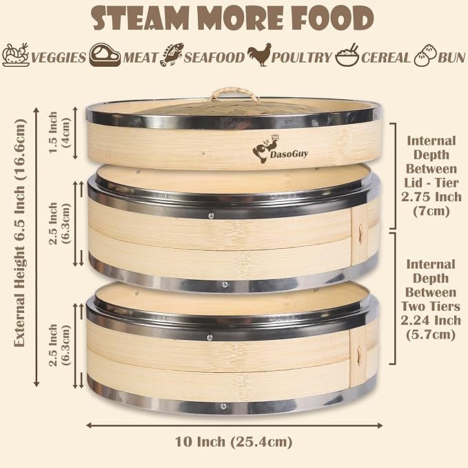 Bamboo Steamer Basket, Stainless Steel Reinforced Rim, 10-Inch 2-Tier Steamer for Cooking, 50 Liners Chopsticks Sauce Dish Dumpling Makers, Steaming Asian Food Bao Buns Dim Sum Rice Veggies Steam Pot