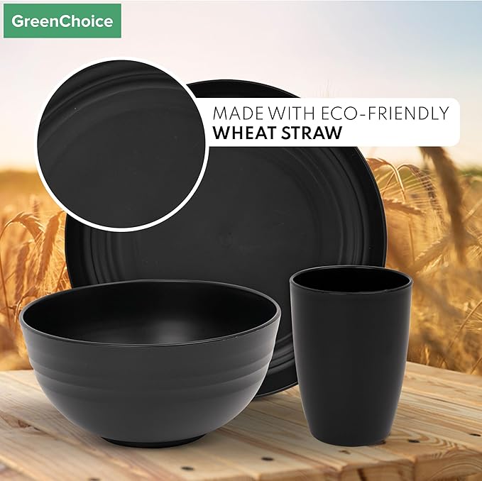 Wheat Straw Dinnerware Sets for 4 - GreenChoice Lightweight & Unbreakable Dishes Microwave & Dishwasher Safe Perfect for Camping, Picnic, RV, Dorm Plates, Cups and Bowls (Black)