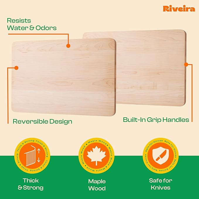 Riveira Maple Wood Cutting Board – Gourmet Maple Grandeur: 18 x 12 Wooden Cutting Board – Natural Wooden Cutting Boards For Kitchen Decorative – Innovative Juice Grooves Maple Wooden Chopping Board