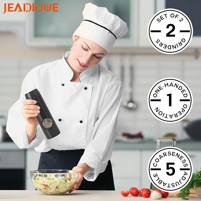 Electric Salt and Pepper Grinder Set of 2, Automatic Pepper Mill,USB Rechargeable, Adjustable Coarseness, One-handed Operation, Ceramic Burr, Refillable, Auto Grinders with Charging Base LED Light