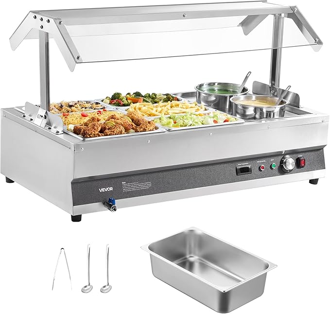 VEVOR Electric Soup Warmer, Two 6.34QT Pots & Six 1/3 Pans, Stainless Steel Commercial Food Warmer with 86~185°F Adjustable Temp, 1500W Bain Marie with Cover, Soup Station for Restaurant, Buffet