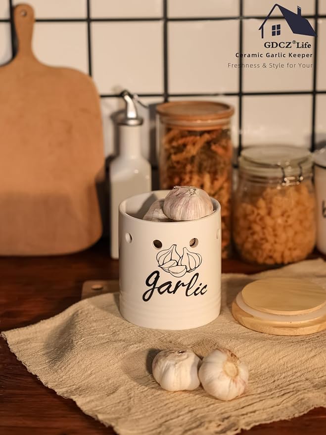 Large Garlic Keeper with Wood Lid, Ceramic Garlic Container for Counter,Garlic Saver to Keep Your Garlic Cloves Fresh Longer, 31 oz White
