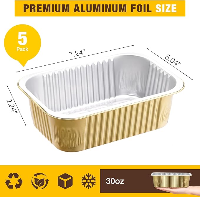 Aluminum Foil Pans, Heavy Duty Aluminum Pans, Disposable Aluminum Pans,Gold Foil Pans, Deep Container for Heating, Baking, Cooking, BBQs, Parties,Storing,Catering (930ml/31.4oz 5 Pack)