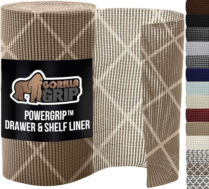 GORILLA GRIP powerGRIP Drawer Shelf and Cabinet Liner, Thick Strong Hold, Non-Adhesive Liners Protect Kitchen Cabinets and Cupboard, Bathroom Drawers, Easy Install, Breathable Mat, 20" x10', Beige