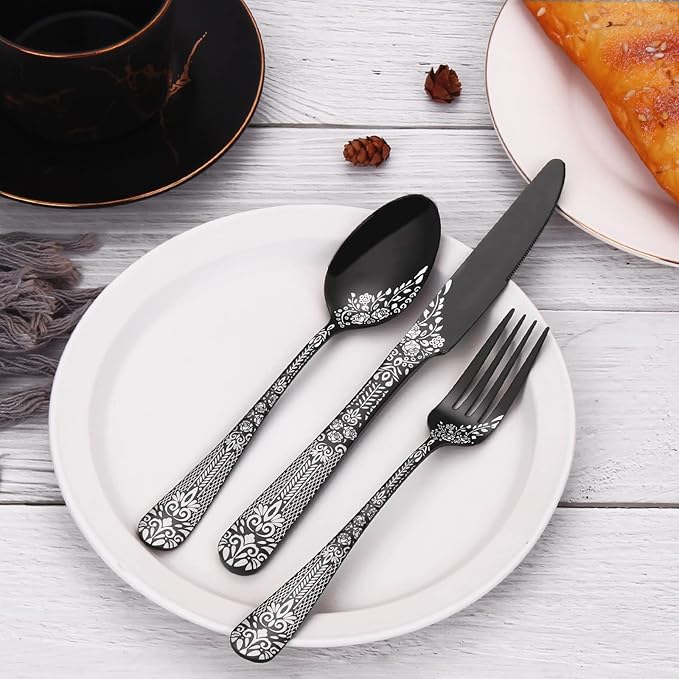 EUIRIO 48-Piece Silverware Set with Steak Knives, Black Flatware Set for 8, Stainless Steel Cutlery Set, Knives and Forks and Spoons Sets,Unique Pattern Design,Mirror Polish and Dishwasher Safe