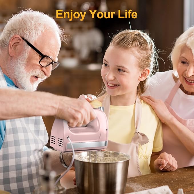 Hand Mixer Electric, 400W Food Mixer 5 Speeds Handheld Blender, 5 Stainless Steel Accessories, Storage Box, Kitchen Blender with Cord for Cream, Cookies, Dishwasher Safe, Pink