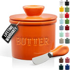 Zulay Kitchen Porcelain Butter Crock With Lid & Knife - Authentic French Butter Dish For Fresh & Spreadable Butter - Orange
