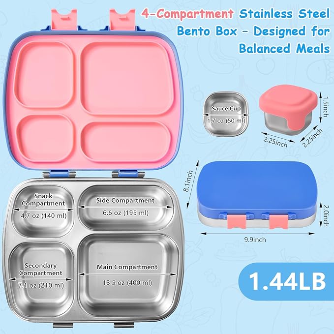 Stainless Steel Bento Box for Kids, Leak-Proof Stainless Steel Lunch Box, 4 Compartments, BPA-Free, Drop-Resistant, with Spoon & Fork, for School & Daycare (Blue Pink Mix)