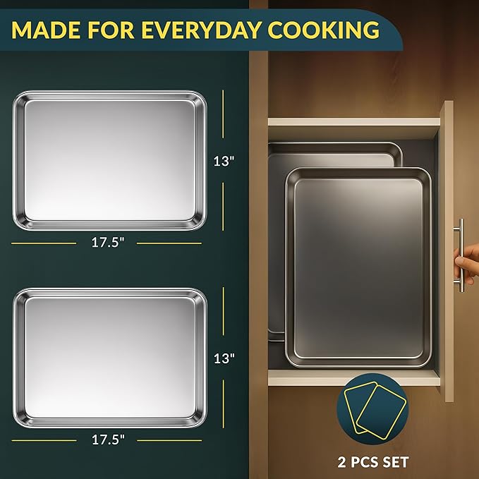 Baker’s Signature Stainless Steel Cookie Sheet Pan, Stainless Steel Baking Sheet Set of 2, Mirror Finish, Non-Stick, Rust Resistant, BPA Free, Dishwasher Safe, 17.5 x 13 Inch