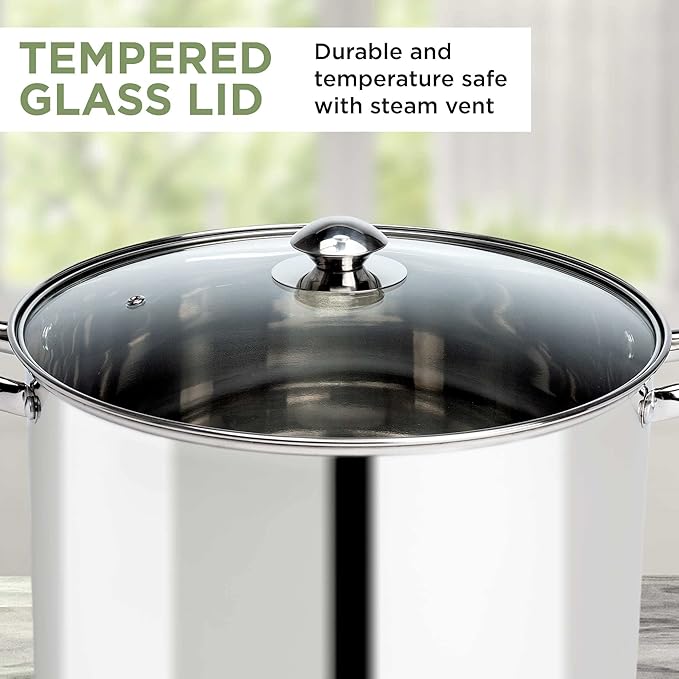 Ecolution Pure Intentions Stock Pot - Features Tempered Glass Lid, Keep Cool Handle, and Encapsulated Bottom - Oven Safe - Curbside Recyclable Stainless Steel - 16 Quarts