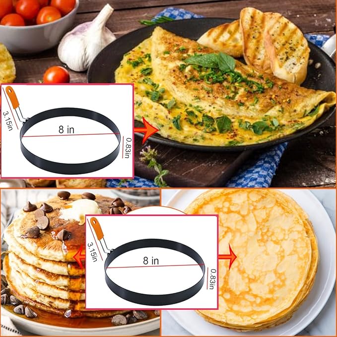 4 Packs Large 8 Inch Omelette Ring for Griddle, Non-Stick Stainless Steel 8" Griddle Omelet Rings,Large Omelet Mold Pancake Ring Mold Crumpet Circle Silicone Handle with Spatula and Oil Brush