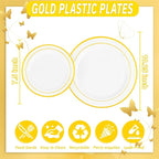 WDF 120 pieces Gold Disposable Plastic Plates - White and Gold Plates Include 10.25" Dinner Plate & 7.5" Salad Plate for Thanksgiving Weddings/Party
