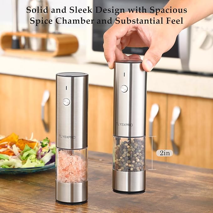 Electric Salt and Pepper Grinder, USB Rechargeable, Automatic Salt and Pepper Shaker, Adjustable Coarseness, Electric Pepper Mill, LED Light, Refillable, Kitchen Gadget (1-Pack, Stainless Steel)