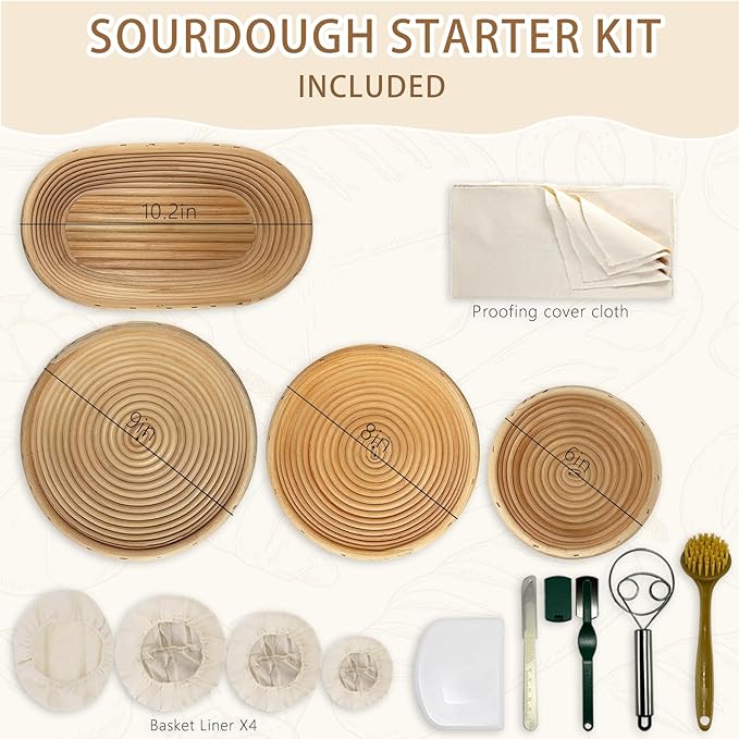 Natural Unbleached Banneton, Sourdough Bread Proofing Basket Kit, 6,8,9,10 Inch Basket with BreadMaking Baking Supplies Tools, Banneton Basket Gift Set - Primary Color
