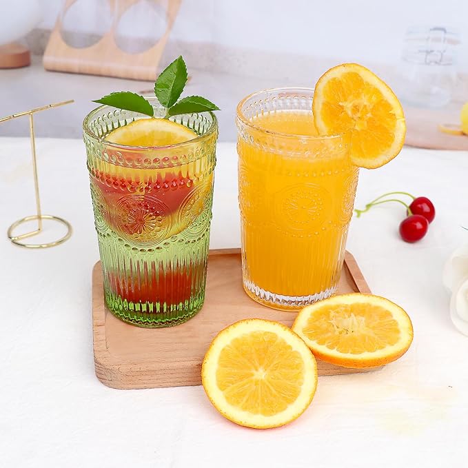 6pcs Vintage Drinking Glasses Set, 12 oz Green Highball Glasses, Embossed Ribbed Glassware Cups for Cocktail, Water, Juice, Coffee, Whiskey