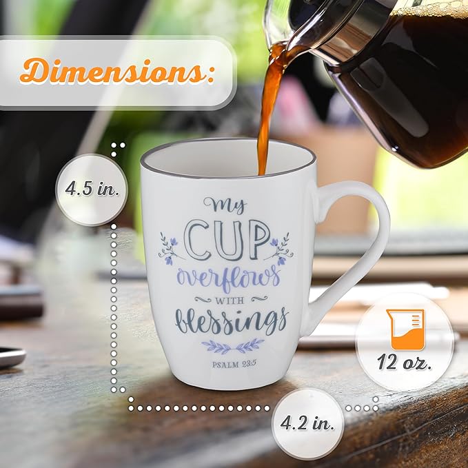 Christian Art Gifts Microwave & Dishwasher Safe Inspirational Scripture Mug for Women: Cup Overflows with Blessings Encouraging Bible Verse Psalm Novelty Drinkware, White & Leafy Purple Floral, 12 oz.