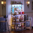 Kitchen Bakers Rack with Power Outlet & LED Lights, Small Coffee Bar Table with Adjustable Storage Shelf, 4 Tiers Microwave Stand with 8 Hooks, Coffee Station for Appliance Organizer, Rustic Brown