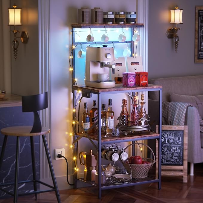 Kitchen Bakers Rack with Power Outlet & LED Lights, Small Coffee Bar Table with Adjustable Storage Shelf, 4 Tiers Microwave Stand with 8 Hooks, Coffee Station for Appliance Organizer, Rustic Brown